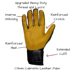 Bruce Bolt PREMIUM PRO Long Cuff Batting Gloves: Black -Apparel Store LC BLKG PALM CALLOUTS