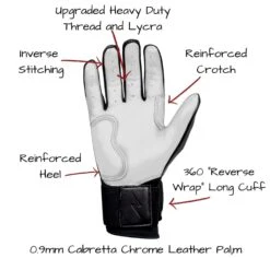 Bruce Bolt PREMIUM PRO Chrome Series Long Cuff Batting Gloves: Black -Apparel Store LC CHRB PALM CALLOUTS